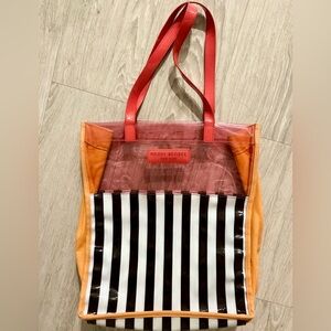 Vintage Tote Bag Iconic Henri Bendel PVC Canvas Brown White Stripe Orange Trim